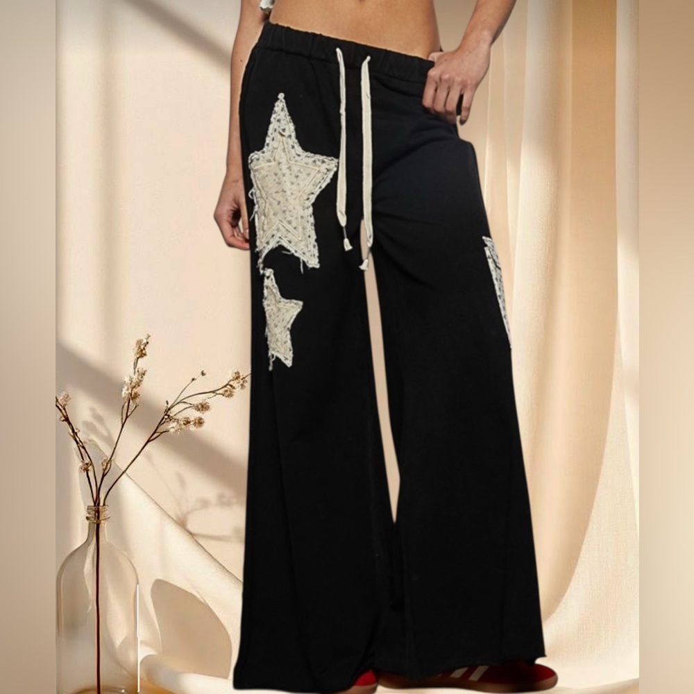 POL POL Black Star Patch Pants | Bohemian Vintage Washed French Terry - Picture 10 of 11